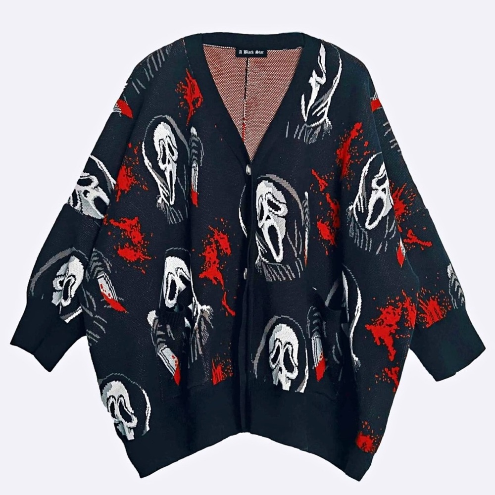 new A BLACK STAR scream ghostface oversized slouchy cardigan unisex xs/s RARE